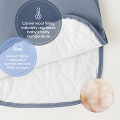 Kaiya Baby sleeping bag temperature sticker shows warmth at chest.
