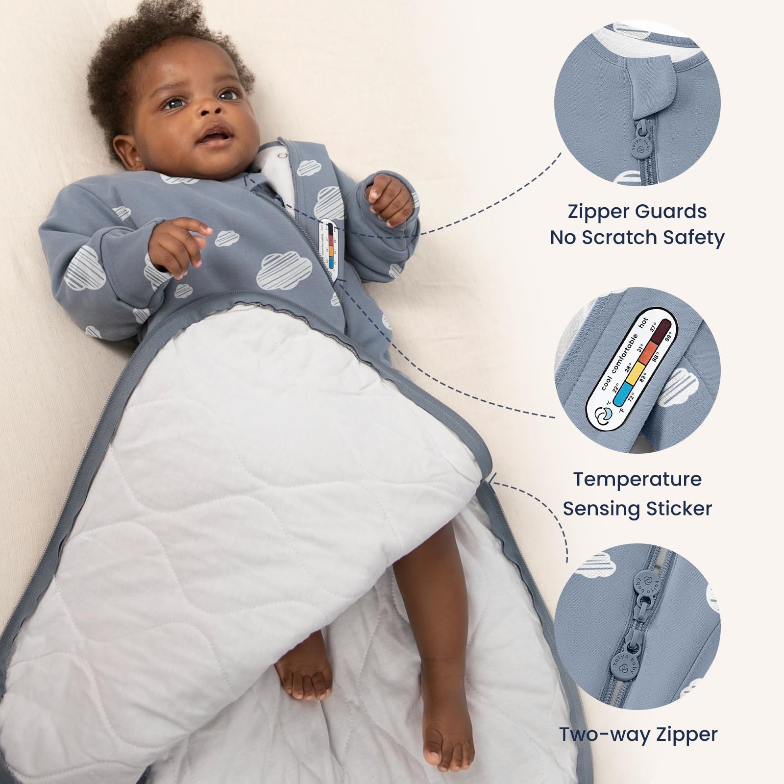 Kaiya Baby sleeping sack bottom zipper enables fast diaper changes at night.