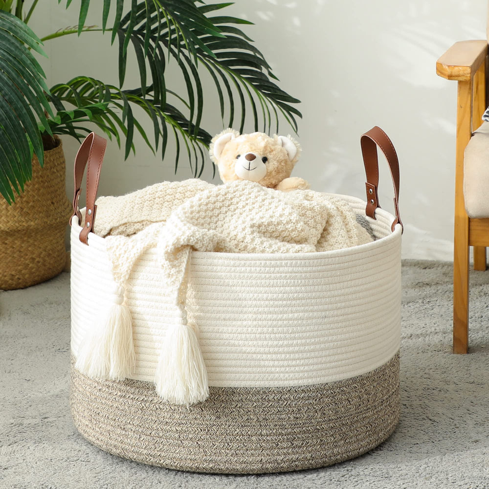KAKAMAY blanket basket closeup weave emphasizes natural cotton rope quality and durability.