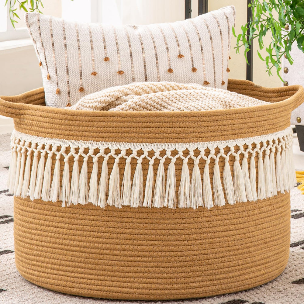 KAKAMAY blanket basket in living room display for throws and pillows
