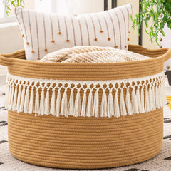 KAKAMAY blanket basket in living room display for throws and pillows