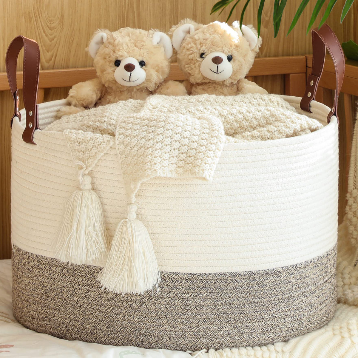 KAKAMAY blanket basket white-beige front view showing durable cotton rope weave for storage.