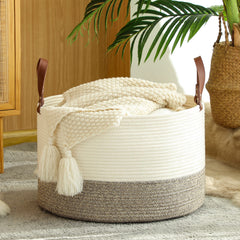 KAKAMAY blanket basket white-beige side view highlighting portable design for nursery.