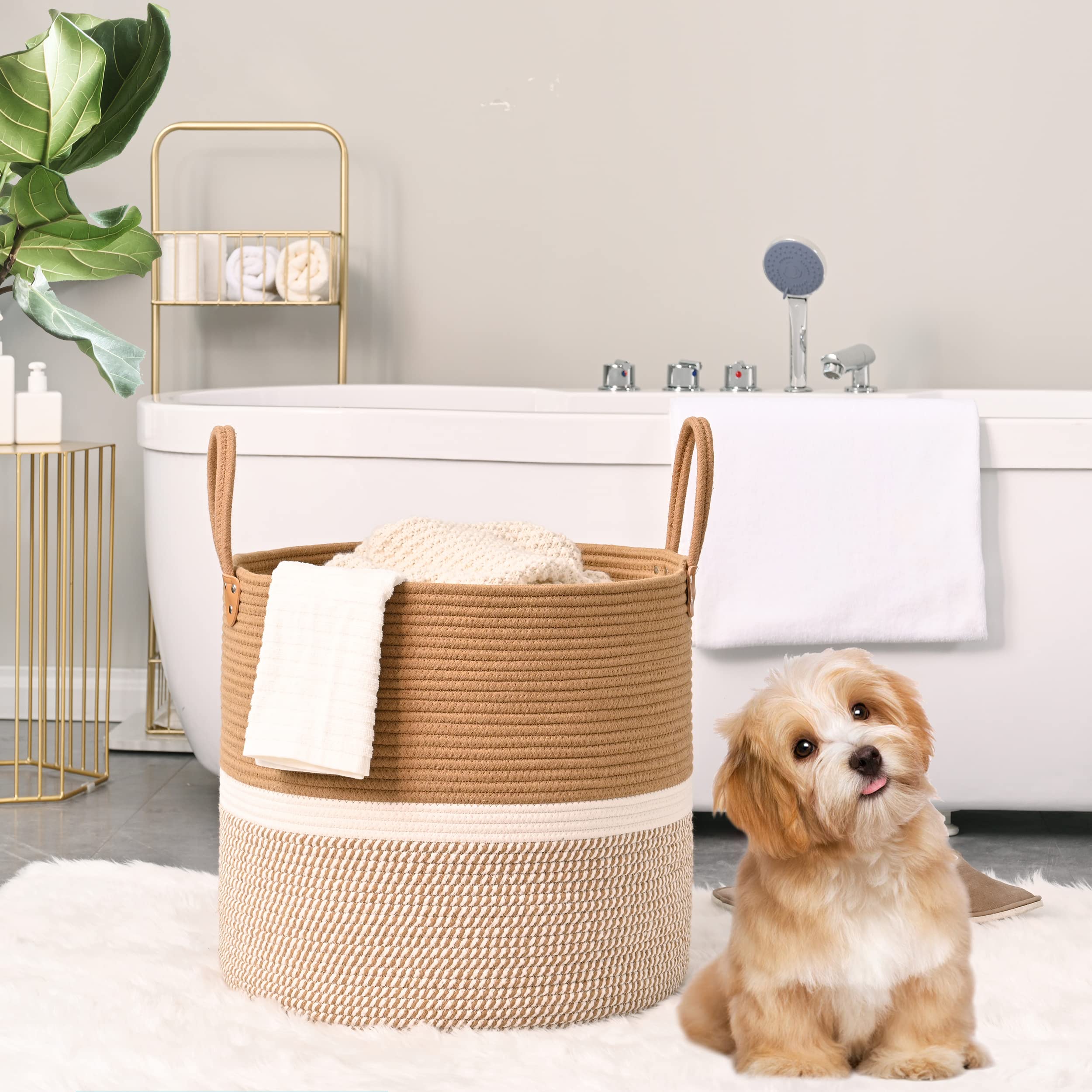 KAKAMAY blanket basket with pillows adds soft decor and texture to living room.