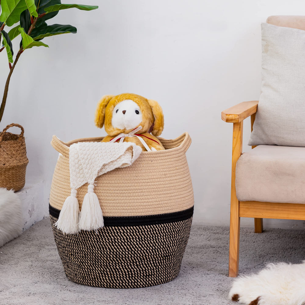 KAKAMAY blanket and pillow storage basket complements modern decor.