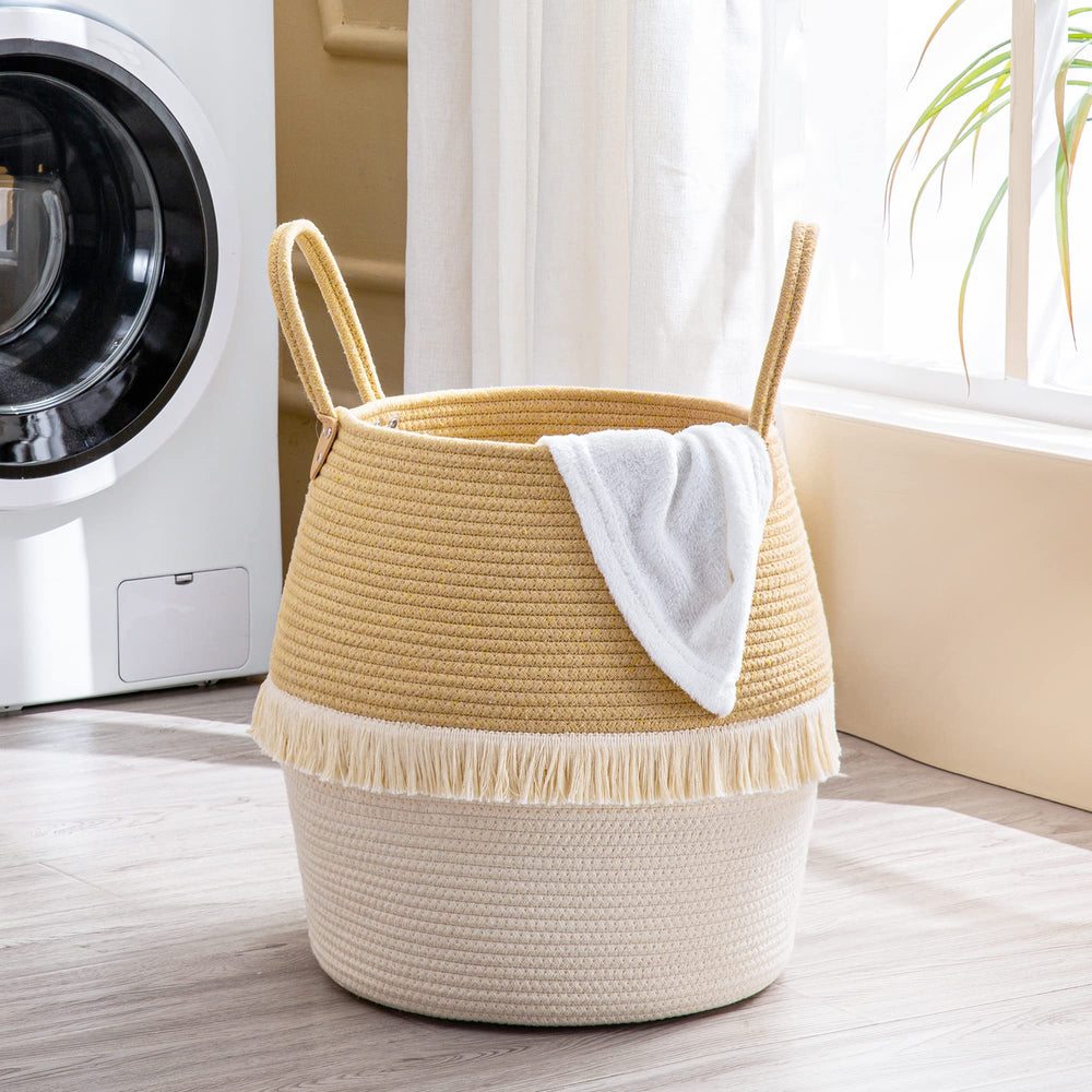 KAKAMAY blanket storage basket complements decor while corralling cushions