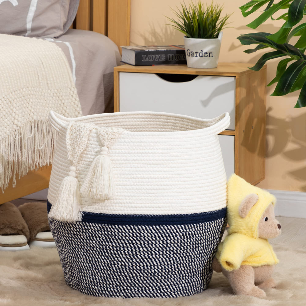 KAKAMAY collapsible navy basket blends with home decor