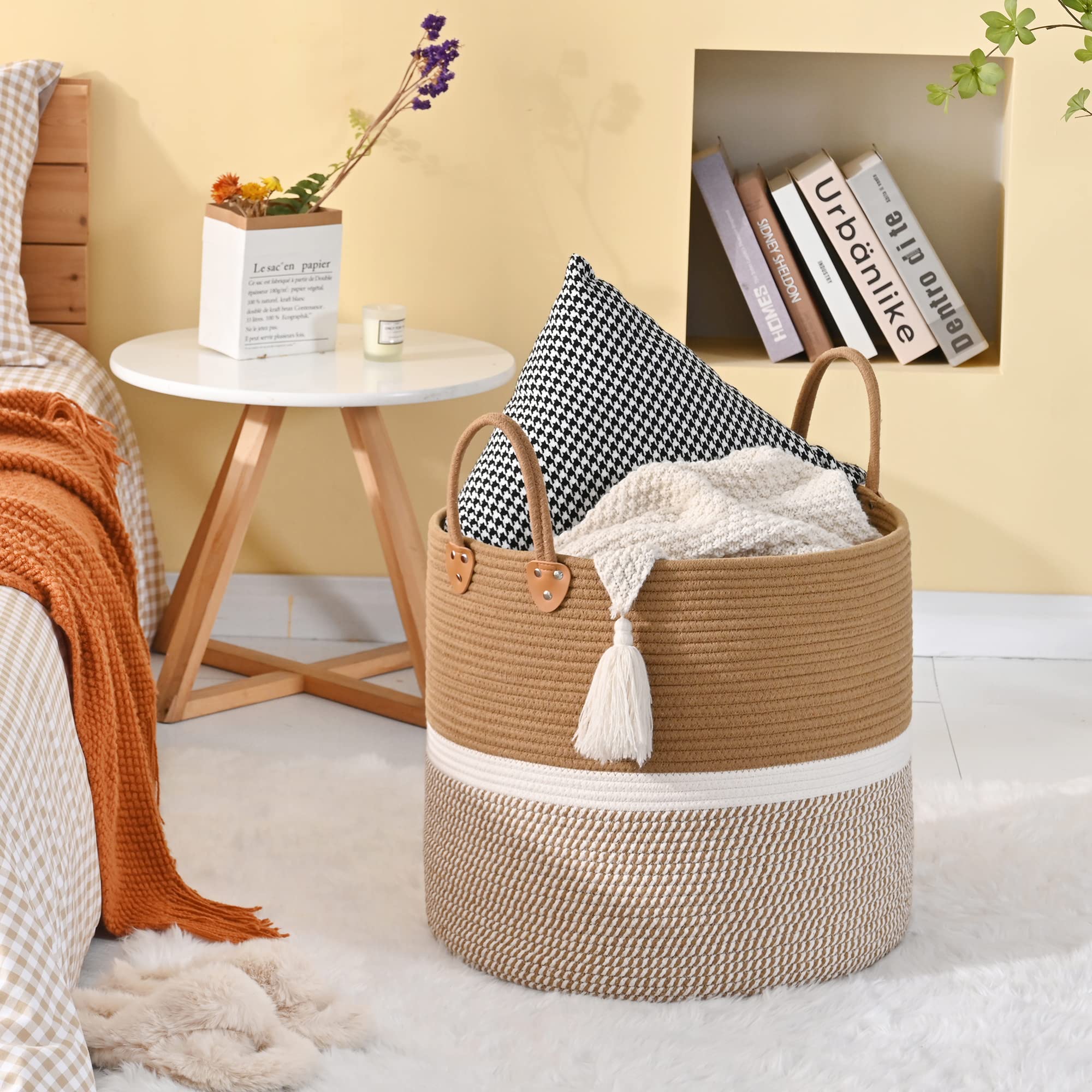 KAKAMAY cotton rope basket in nursery stores toys and plush neatly.