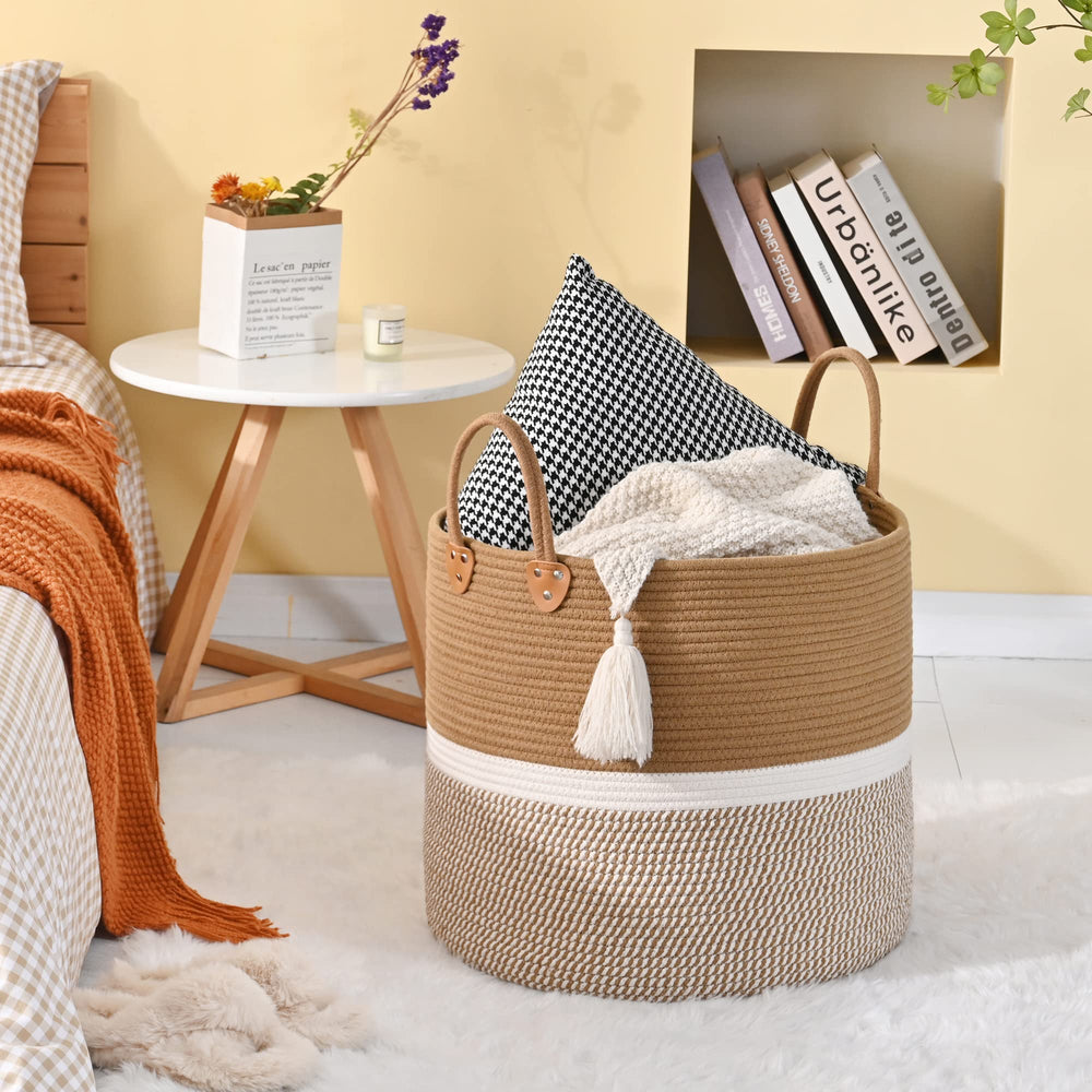 KAKAMAY cotton rope basket in nursery stores toys and plush neatly.