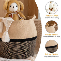 KAKAMAY cotton rope laundry hamper holds baby clothes gently.