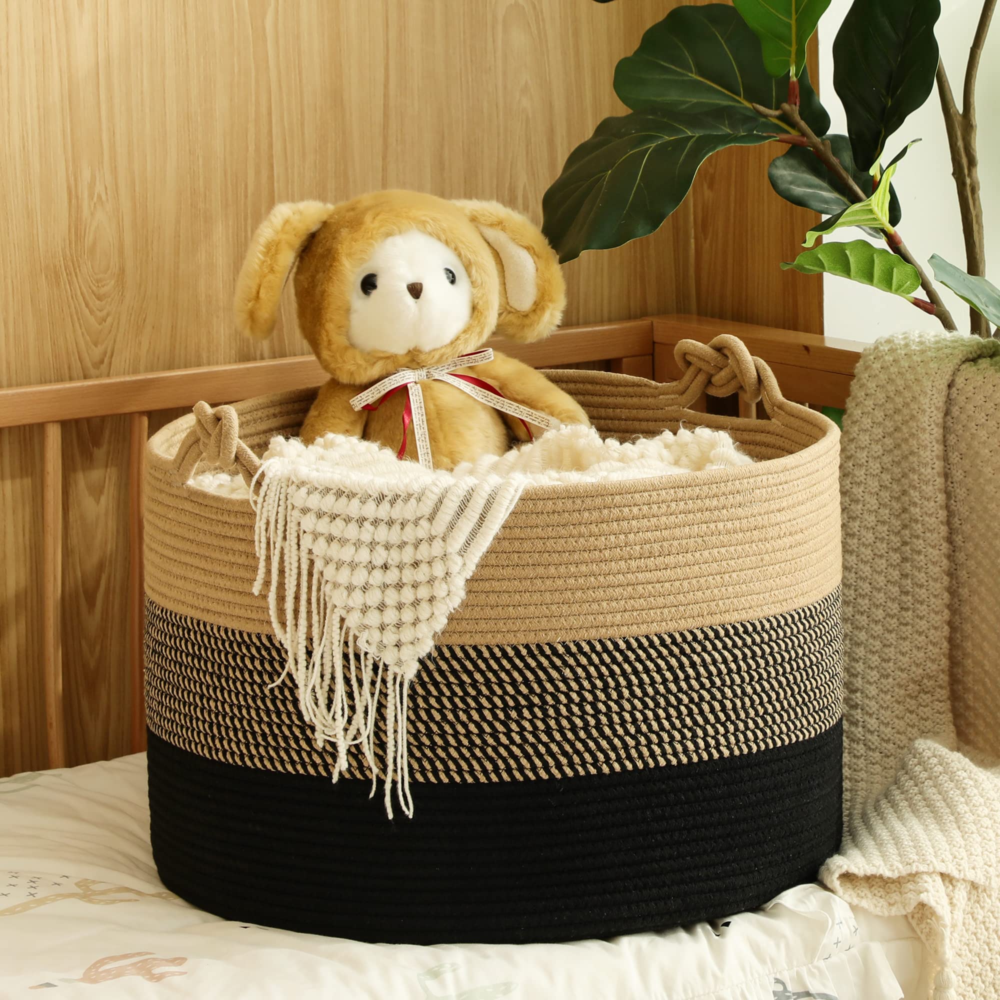KAKAMAY decorative home basket complements living room decor.