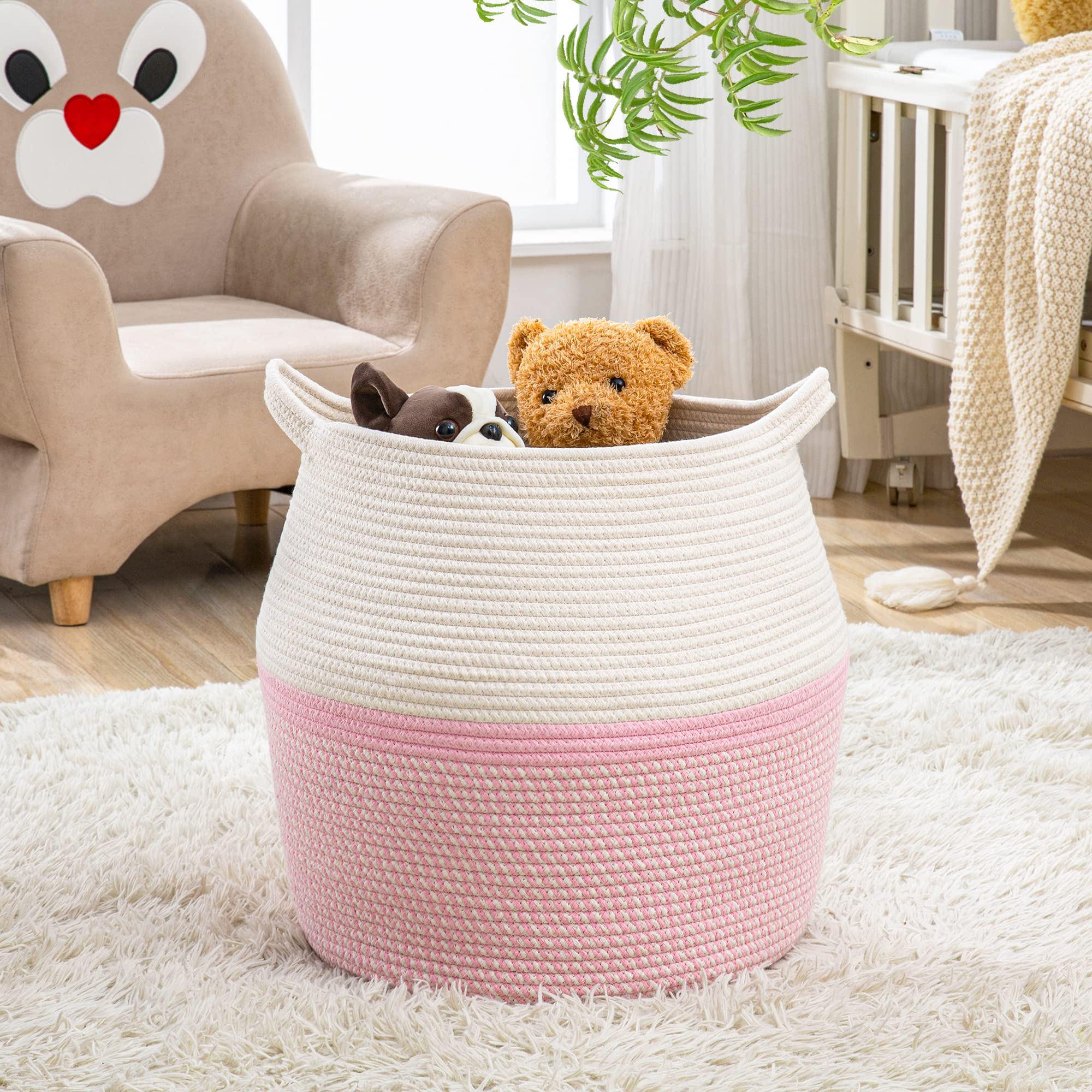 KAKAMAY decorative storage basket blends with living room decor.