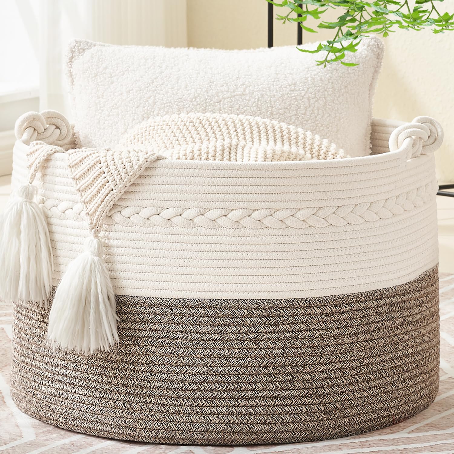 KAKAMAY blanket basket 20x20x13 close-up weave shows sturdy cotton rope construction for durable storage.