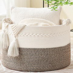 KAKAMAY blanket basket 20x20x13 close-up weave shows sturdy cotton rope construction for durable storage.
