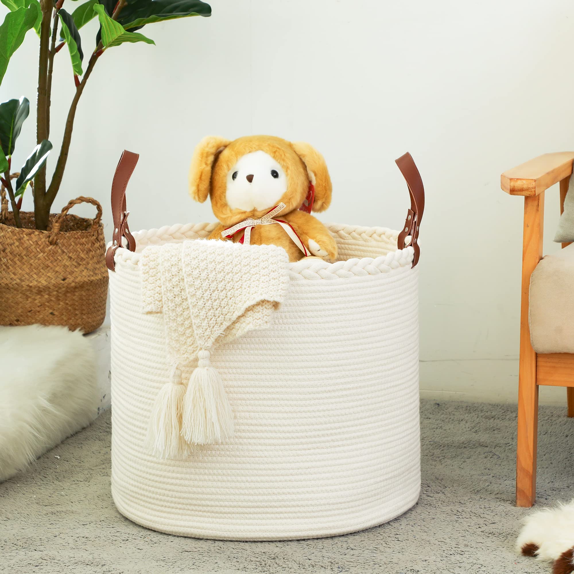 KAKAMAY large blanket basket folded edges demonstrate compact storage when not in use