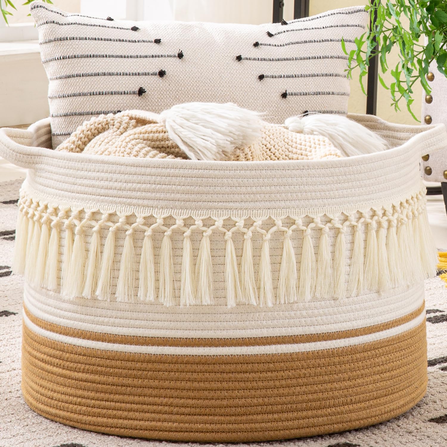 KAKAMAY large blanket basket folded top view for clutter-free living room storage