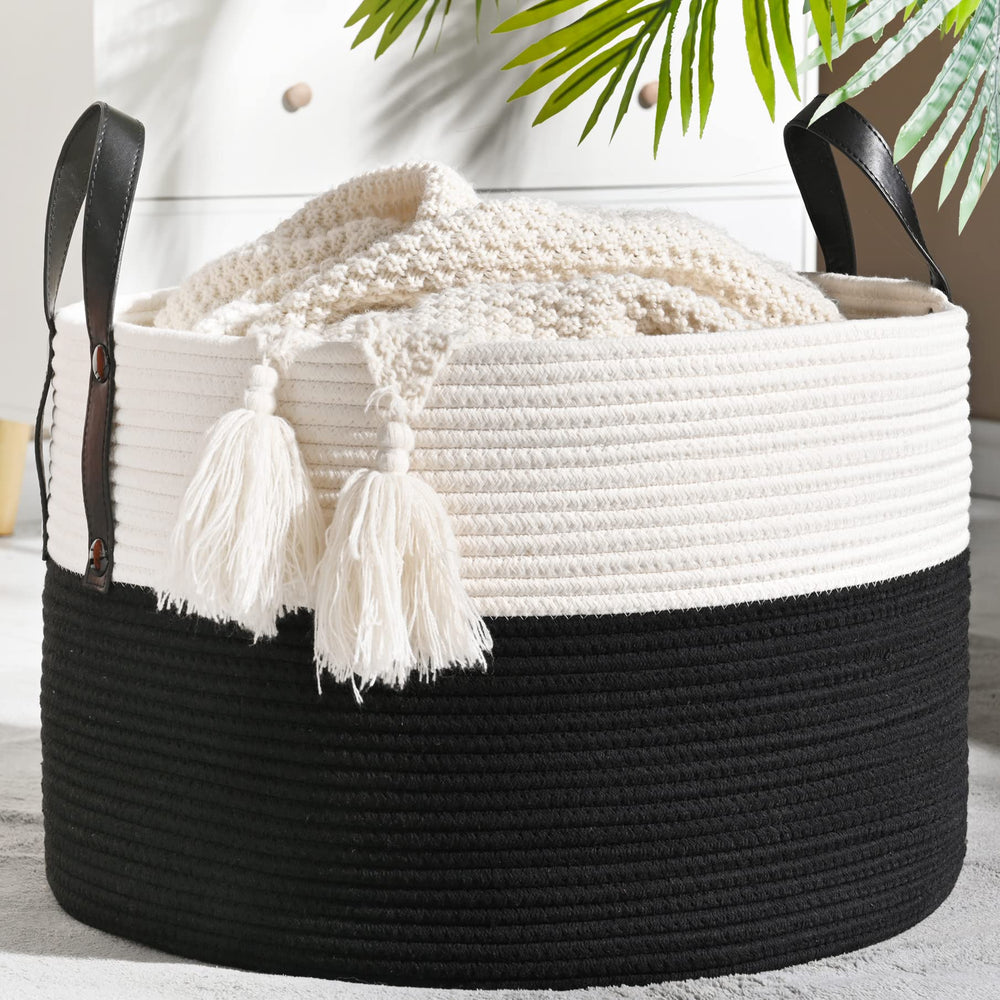 KAKAMAY large blanket basket folded shows soft cotton rope texture for safe kid-friendly storage.