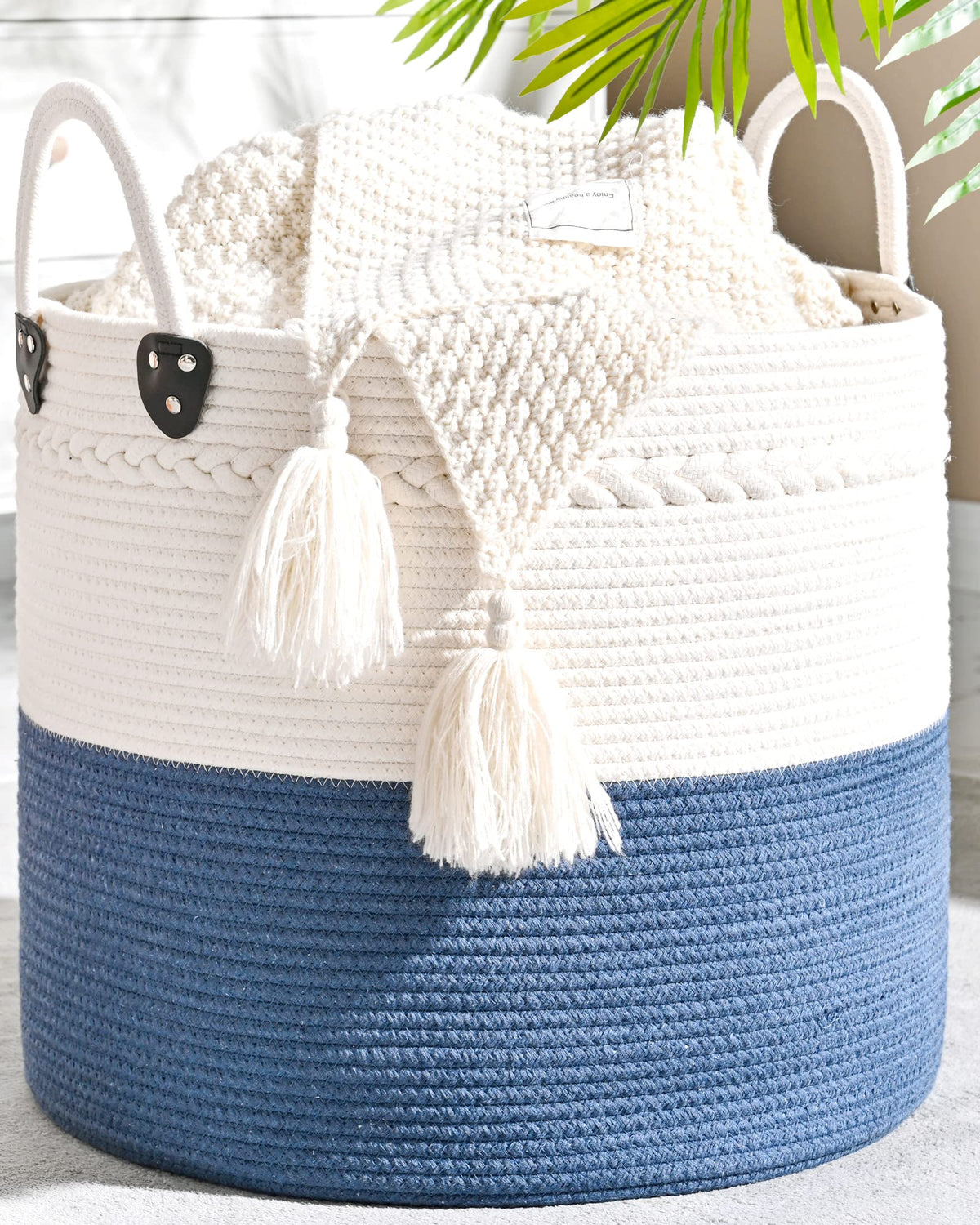KAKAMAY large blanket basket front view in navy blue for tidy living spaces