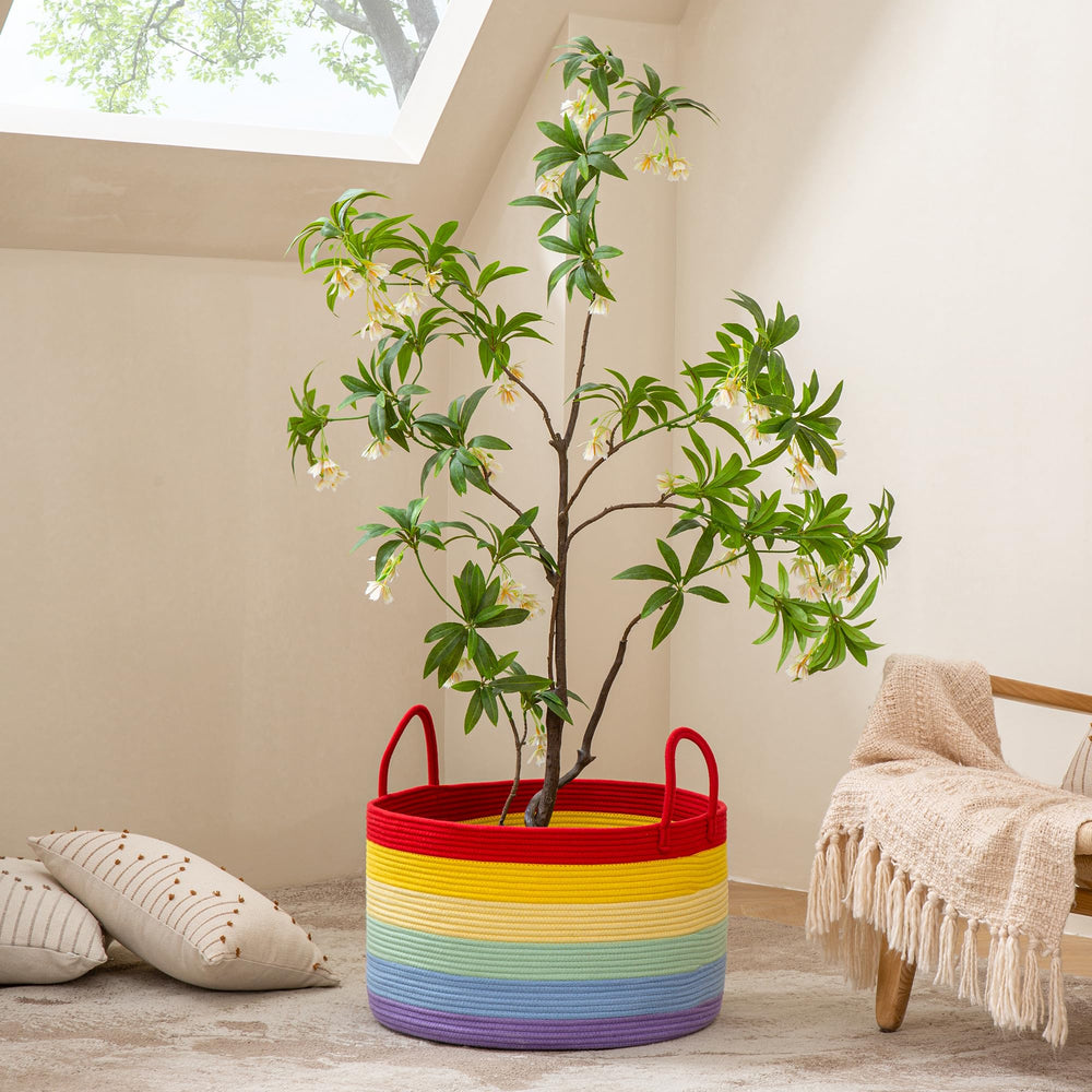 KAKAMAY large blanket basket in use as toy chest and laundry hamper.