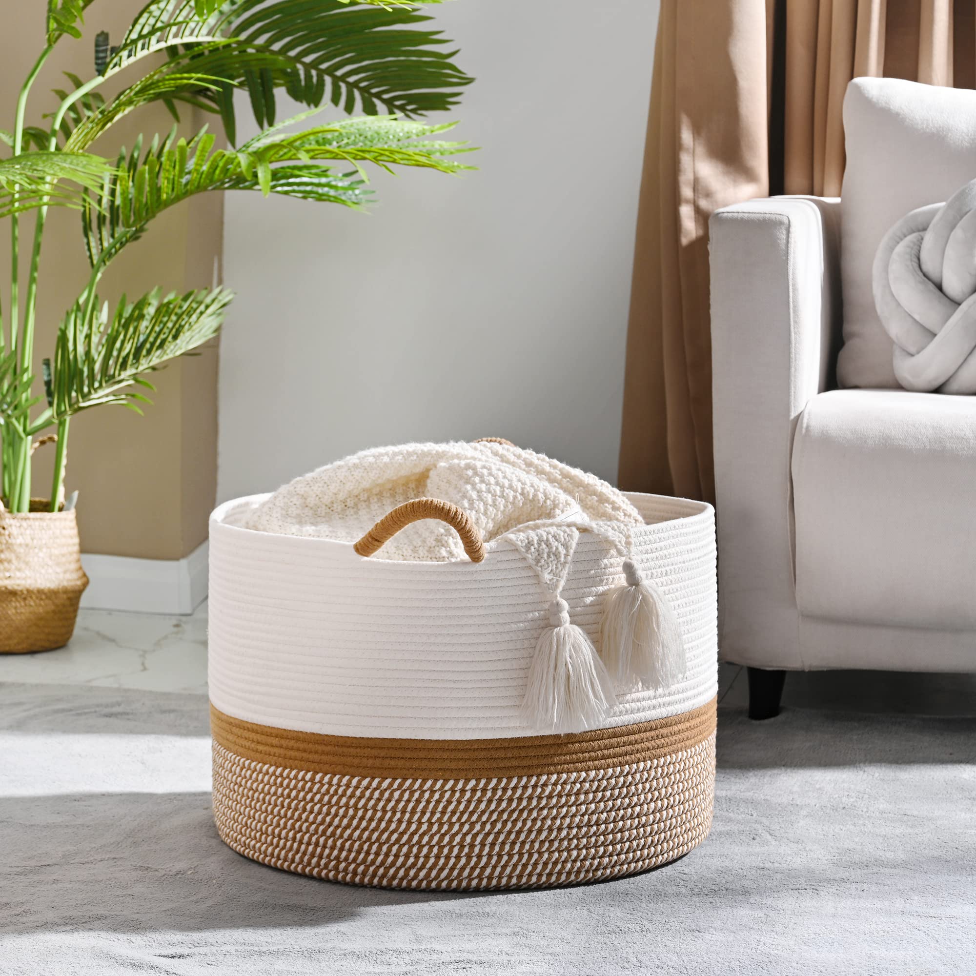 KAKAMAY large blanket basket living room setup storing blankets and cushions