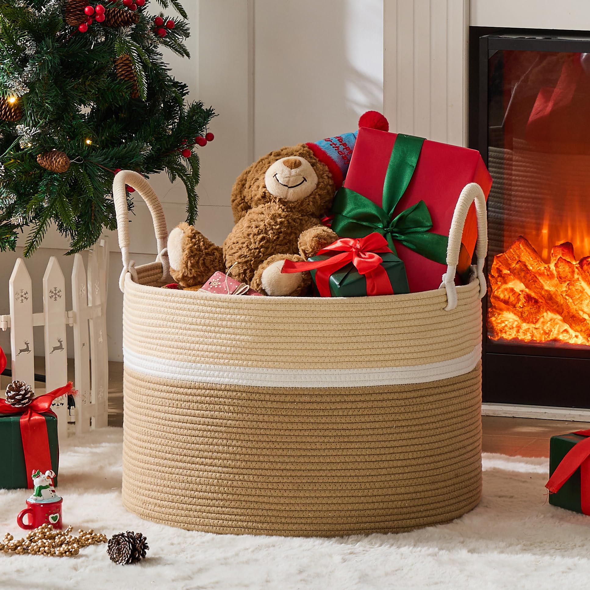 KAKAMAY large blanket basket in living room keeps throws organized