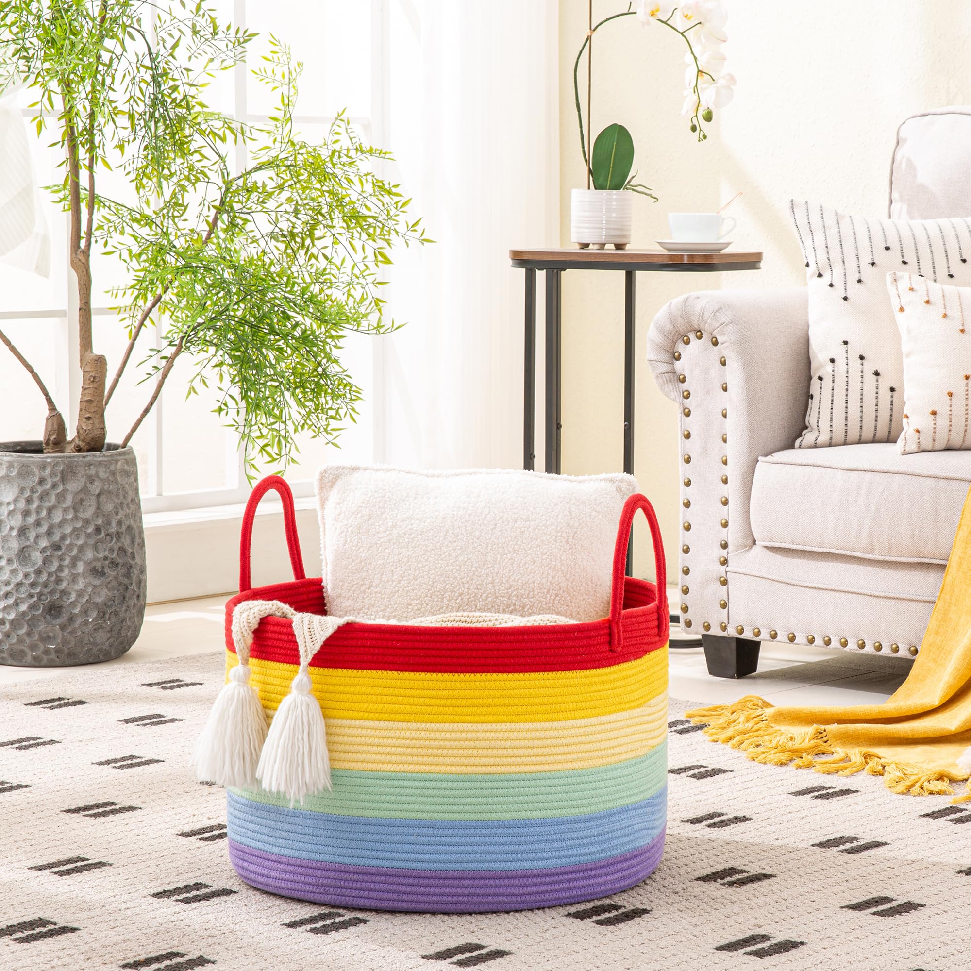 KAKAMAY large blanket basket used for toy and blanket storage in nursery.