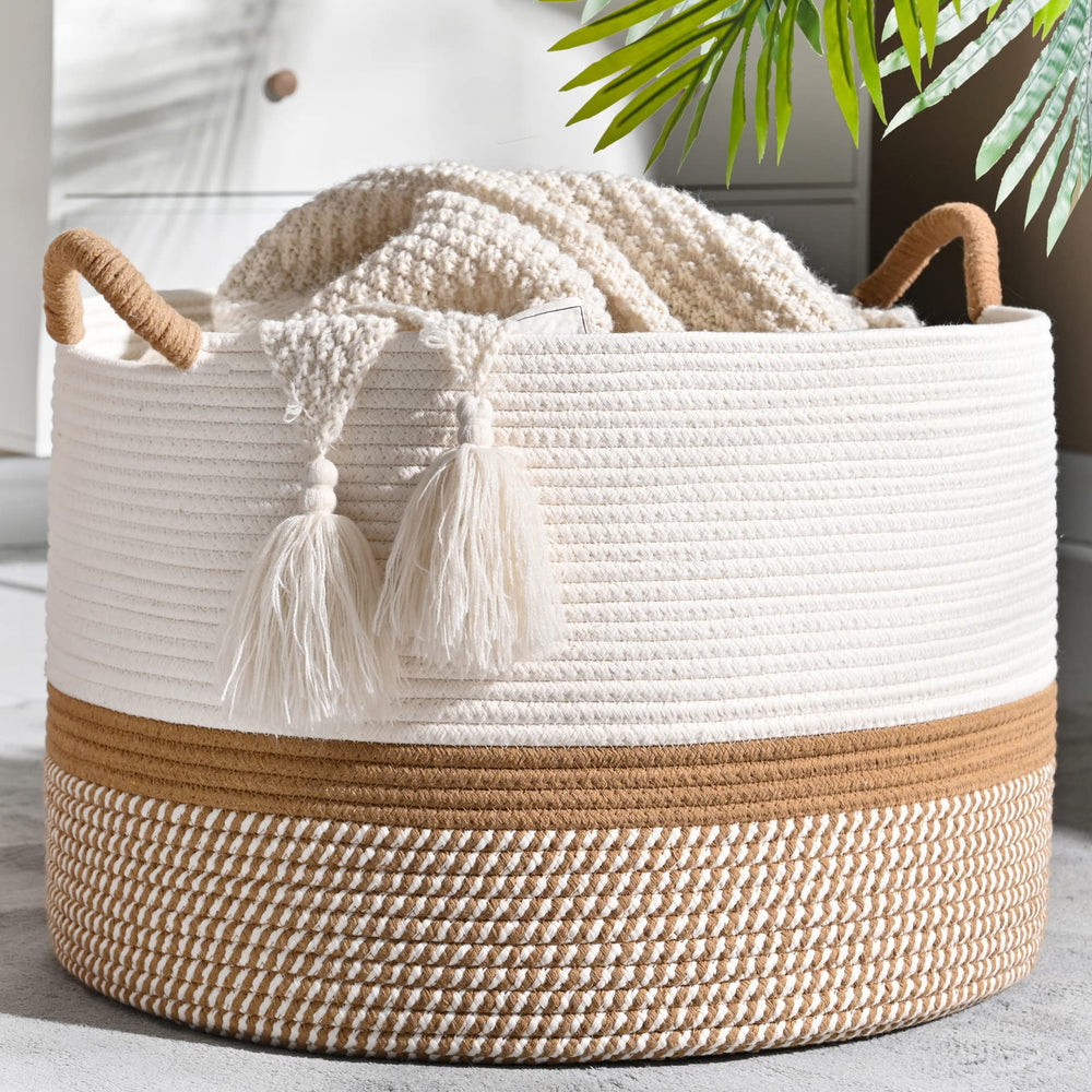 KAKAMAY large blanket basket white brown front view ideal for organized living room storage