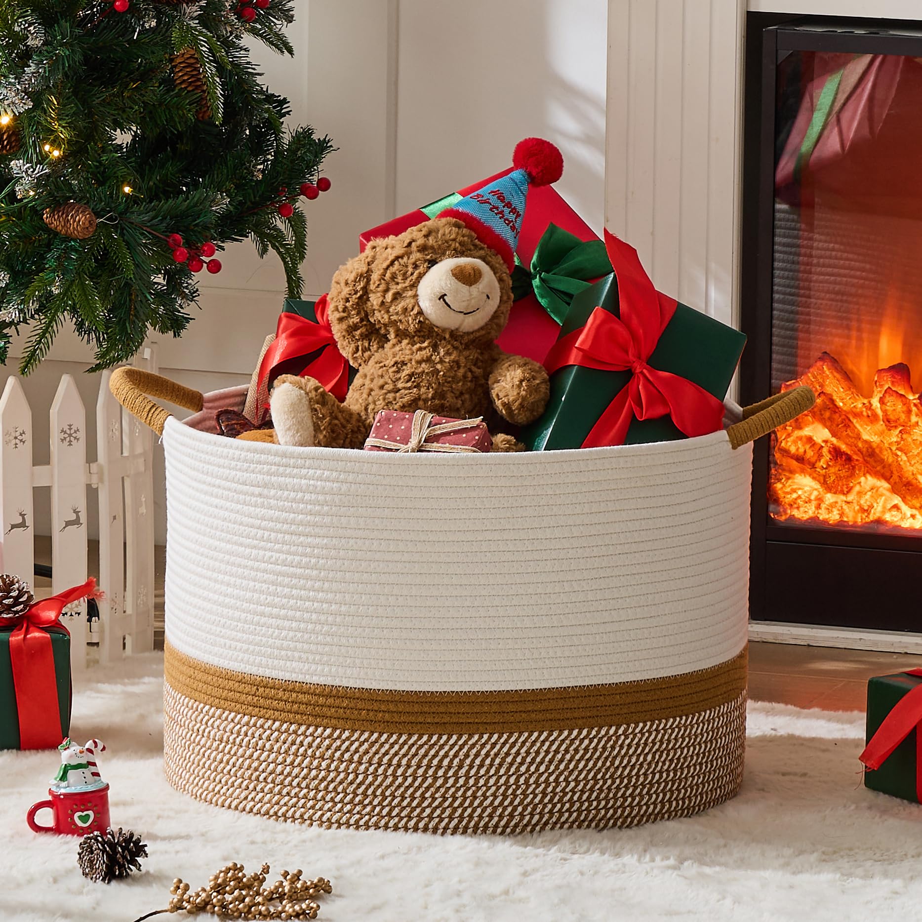 KAKAMAY large blanket basket white brown rope close up texture emphasizes durability