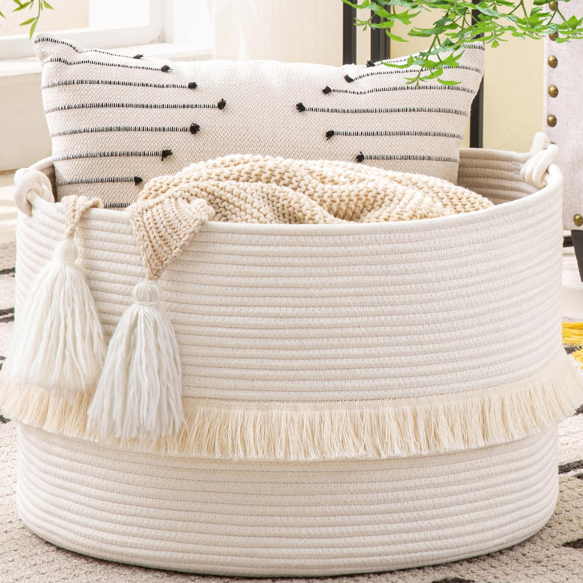 KAKAMAY large blanket basket white front view showing spacious storage for blankets and pillows