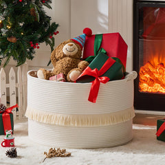 KAKAMAY large blanket basket white side view fits neatly in living space for toys