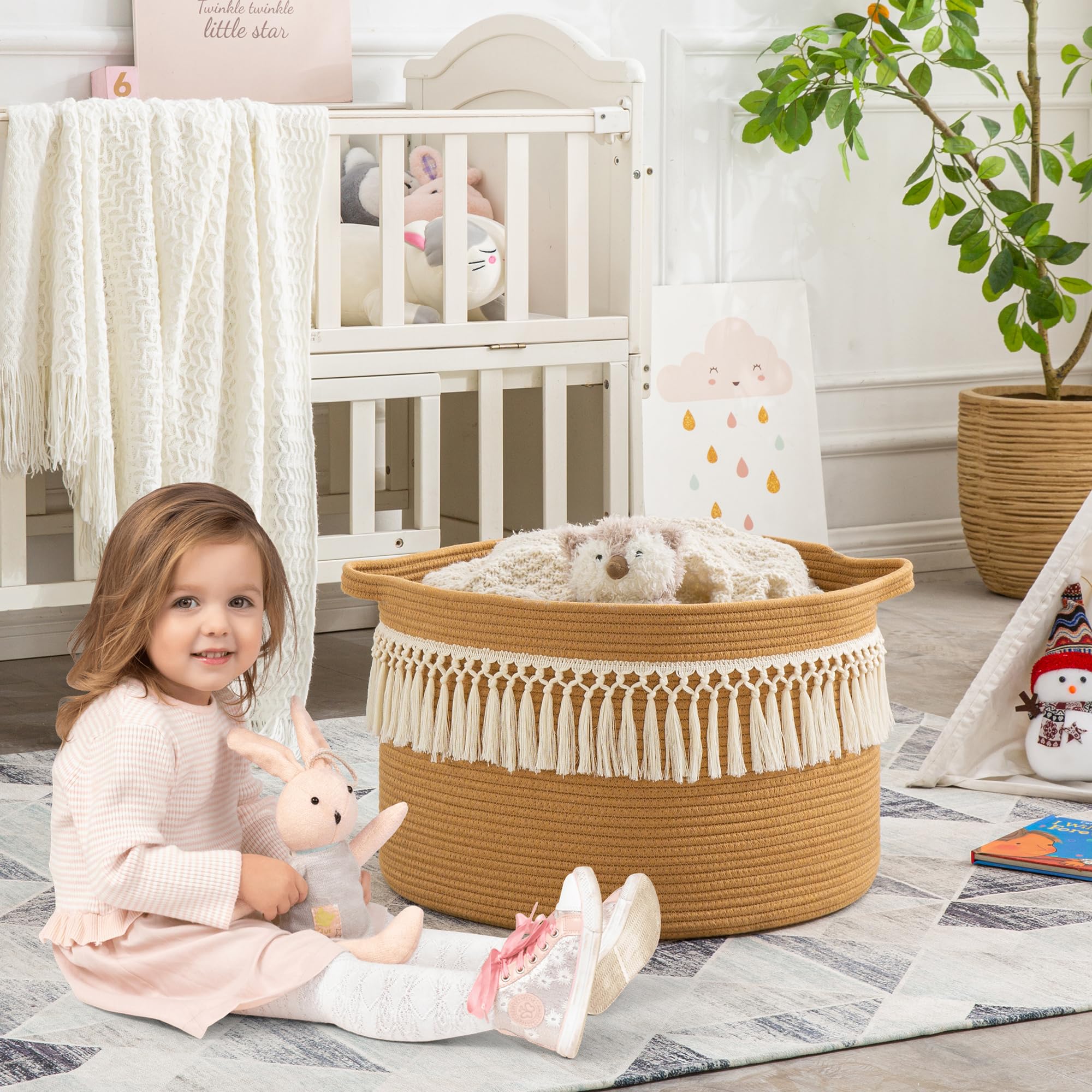 KAKAMAY nursery organizer with brown fringe complements decor