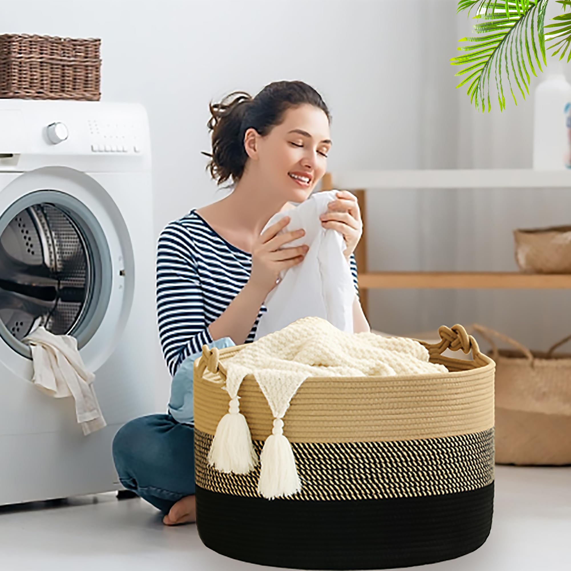 KAKAMAY pillow storage basket beside sofa for clutter-free space.