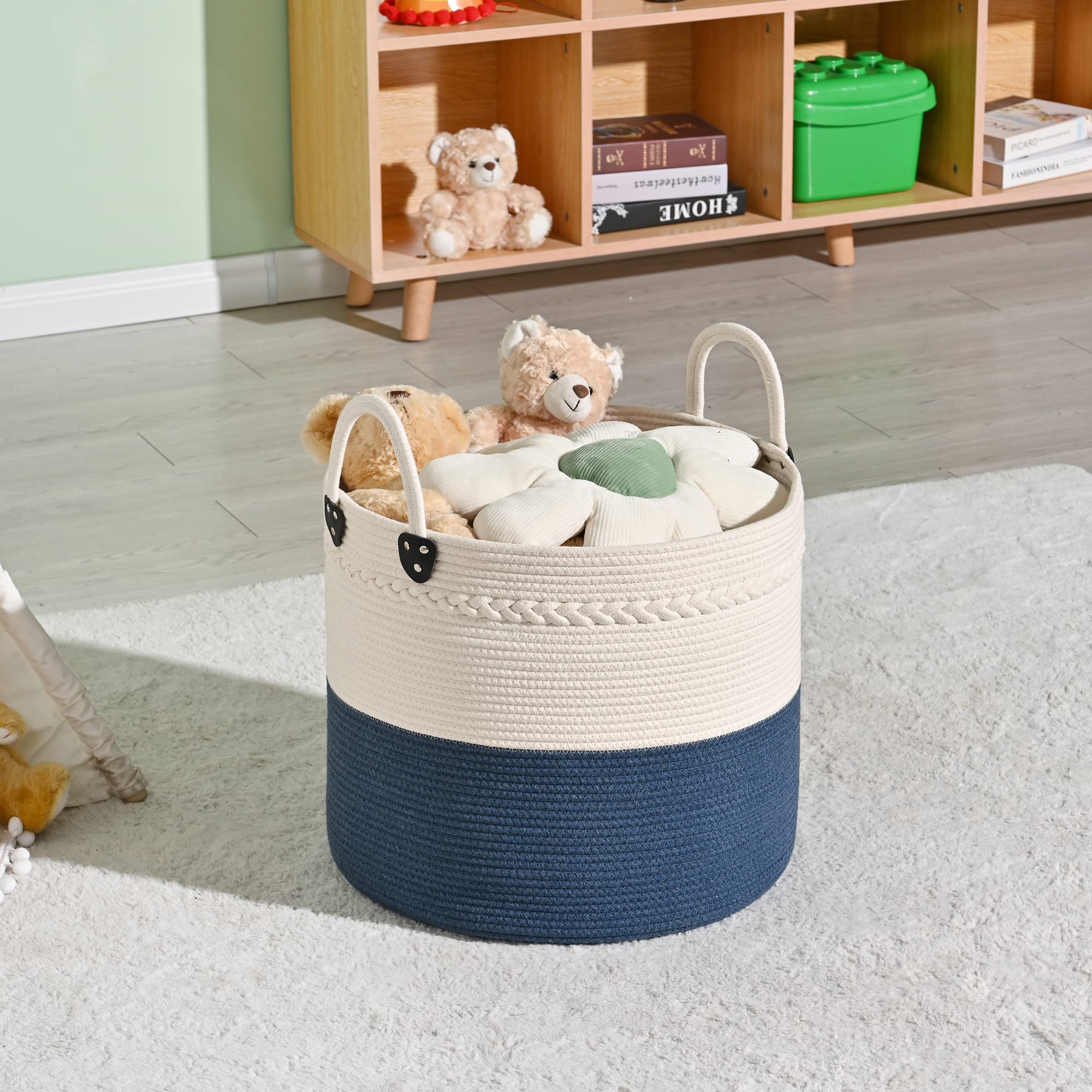 KAKAMAY navy blue basket blends with decor while concealing items