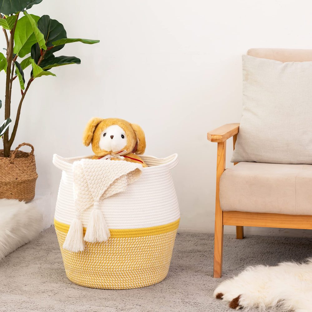 KAKAMAY toy and blanket basket highlights multi-use storage in bright yellow