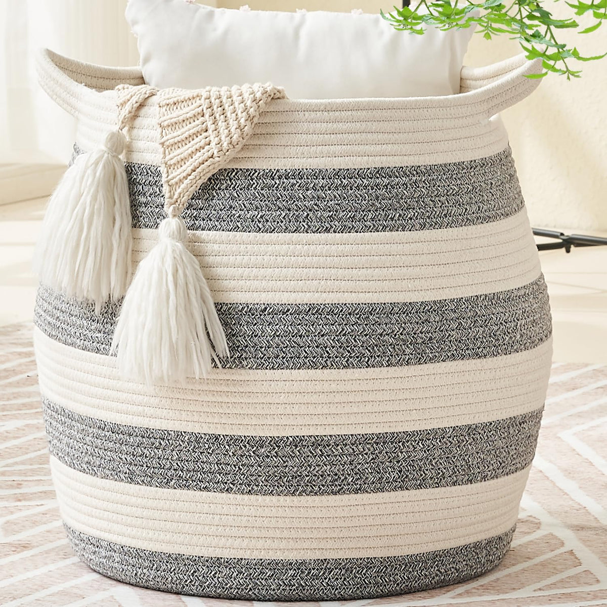 KAKAMAY woven basket grey close-up showing soft cotton rope texture for safe toy storage.
