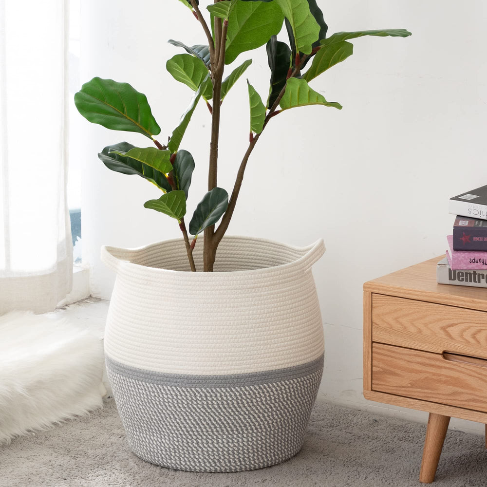 KAKAMAY nursery toy storage basket grey kept within reach during playtime.