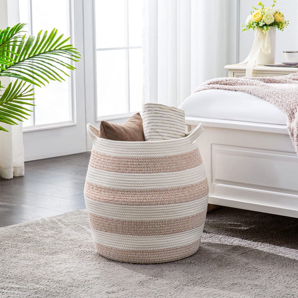KAKAMAY rose-woven basket with pillows and blankets as decor and storage
