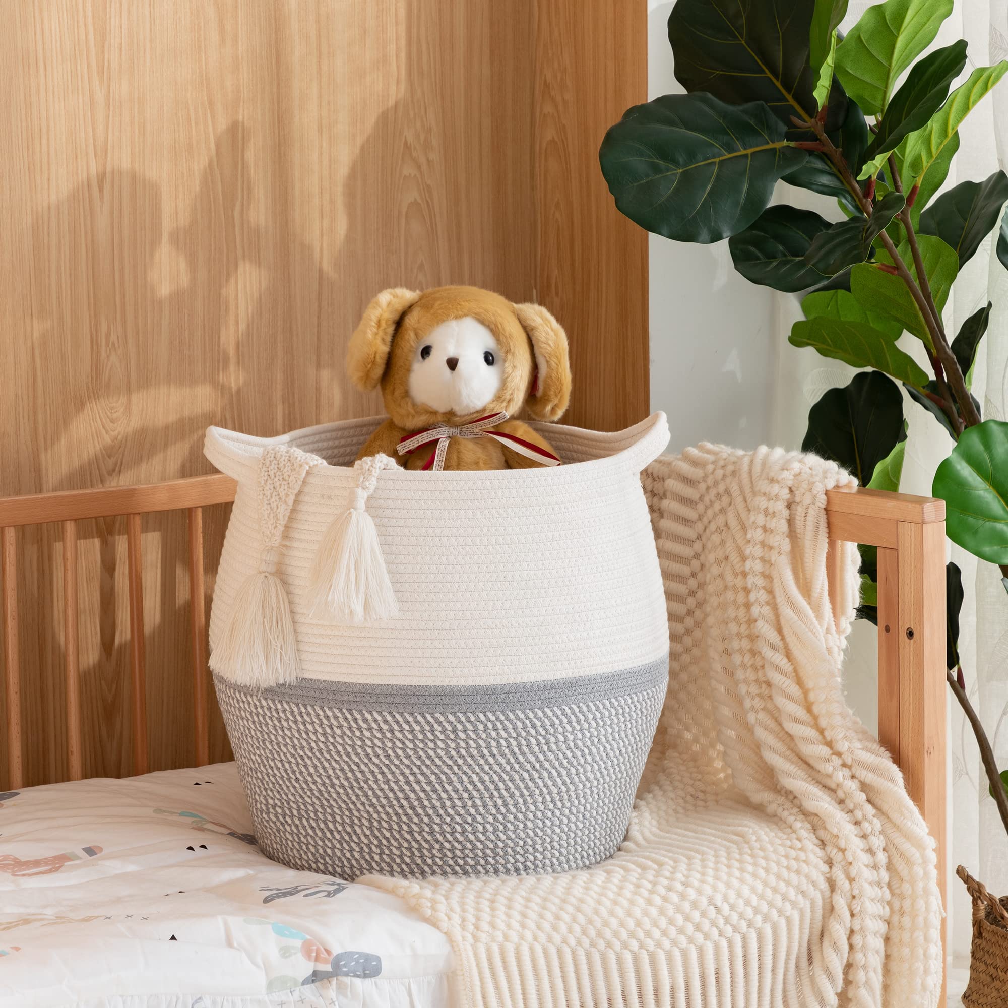 KAKAMAY safe materials grey rope basket designed for kid-friendly homes.