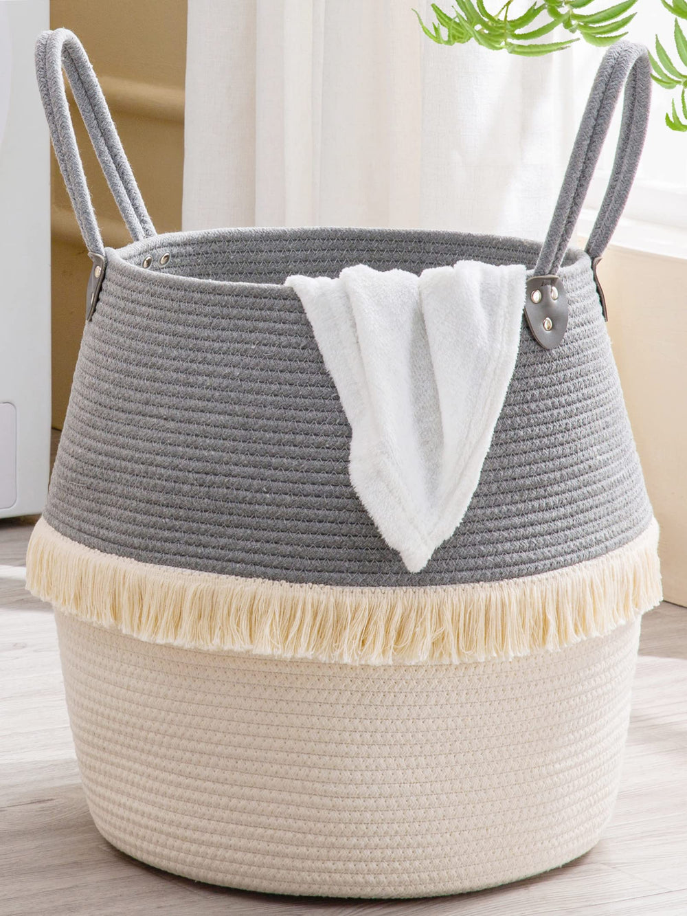 KAKAMAY woven basket front view in grey, perfect for blankets and pillows.