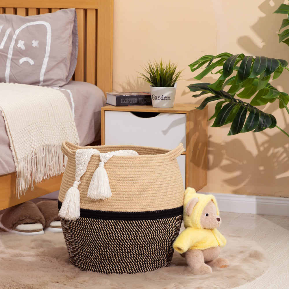 KAKAMAY woven basket used as toy chest to keep plush toys organized.