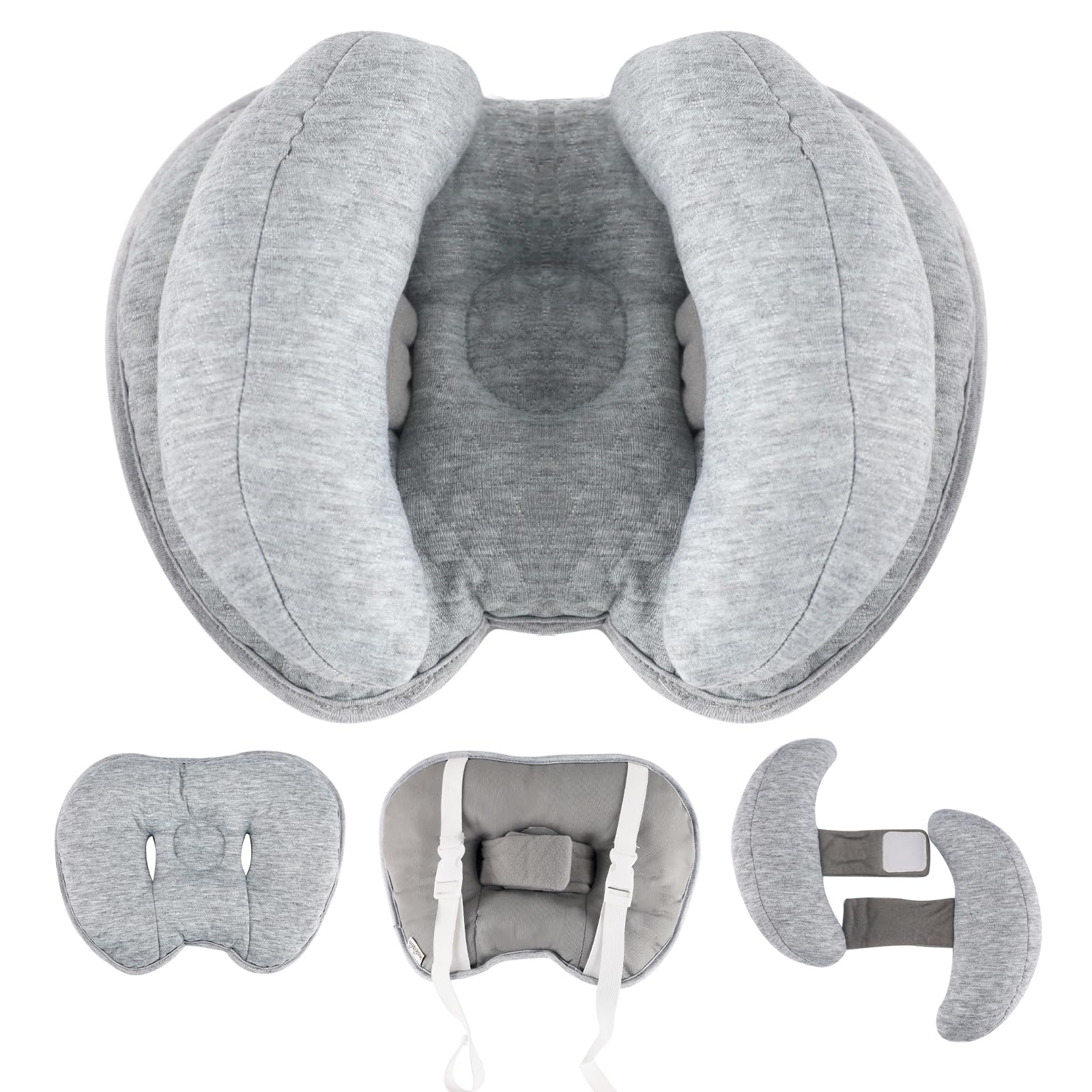 KAKIBLIN 2-in-1 baby head pillow gray closeup highlighting plush comfort for tiny heads.