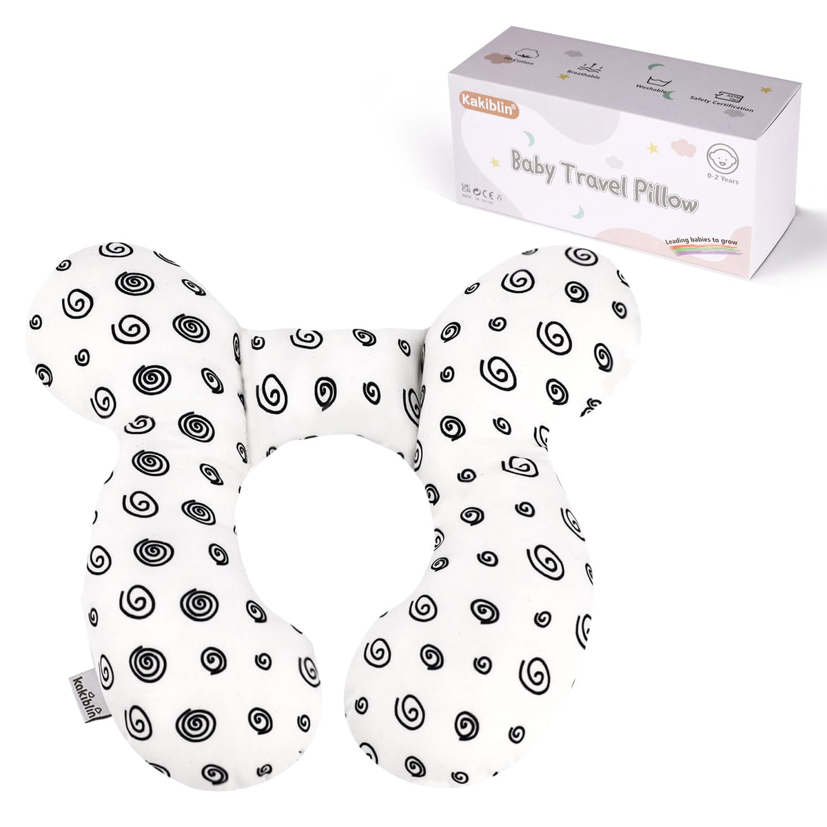 KAKIBLIN snail design baby neck pillow offers gentle head support during travel.