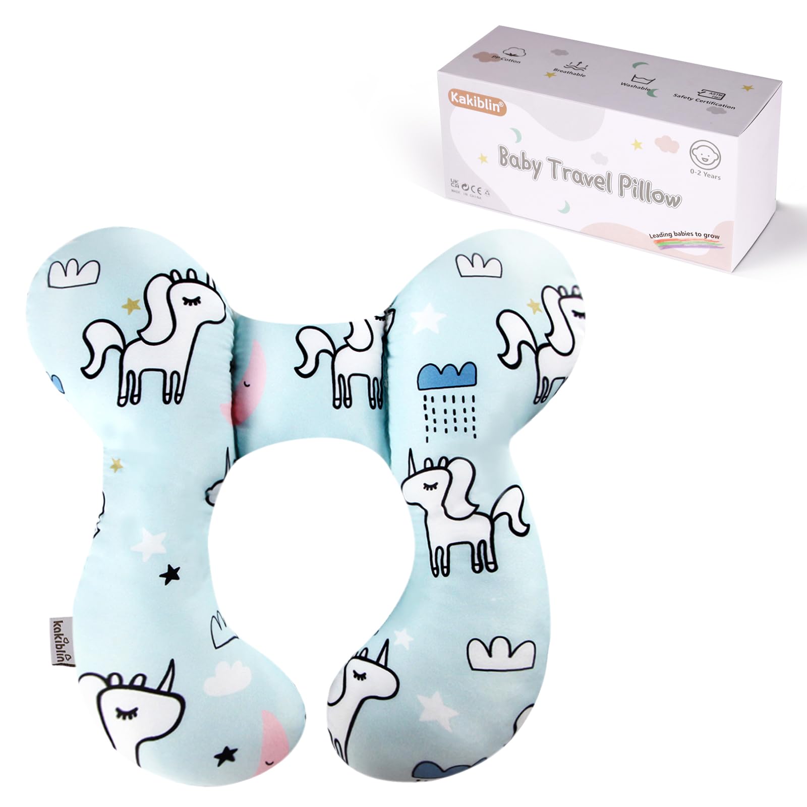 KAKIBLIN unicorn-design front view shows gentle head support during car rides