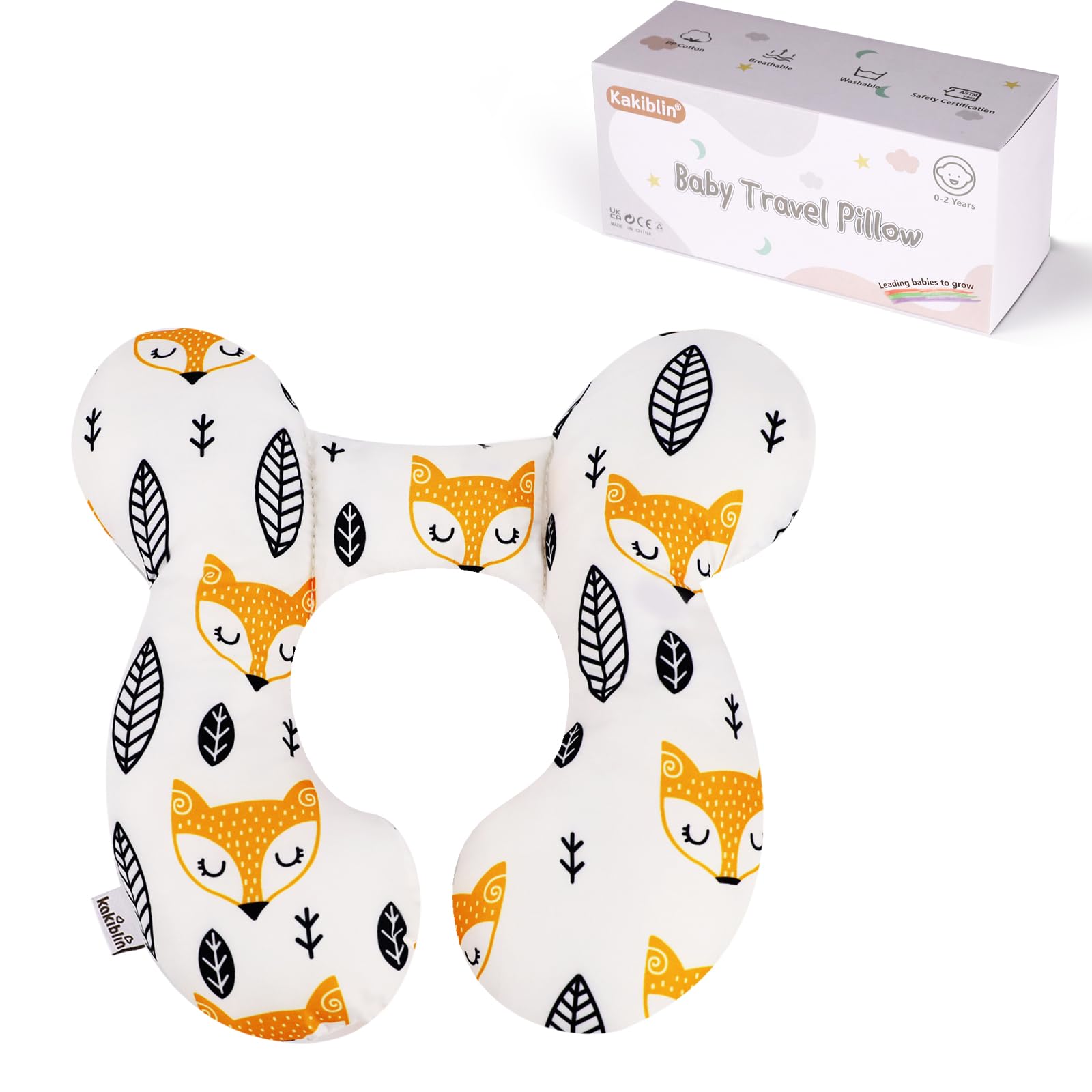 KAKIBLIN baby neck pillow yellow fox front view supports tiny head during rides.