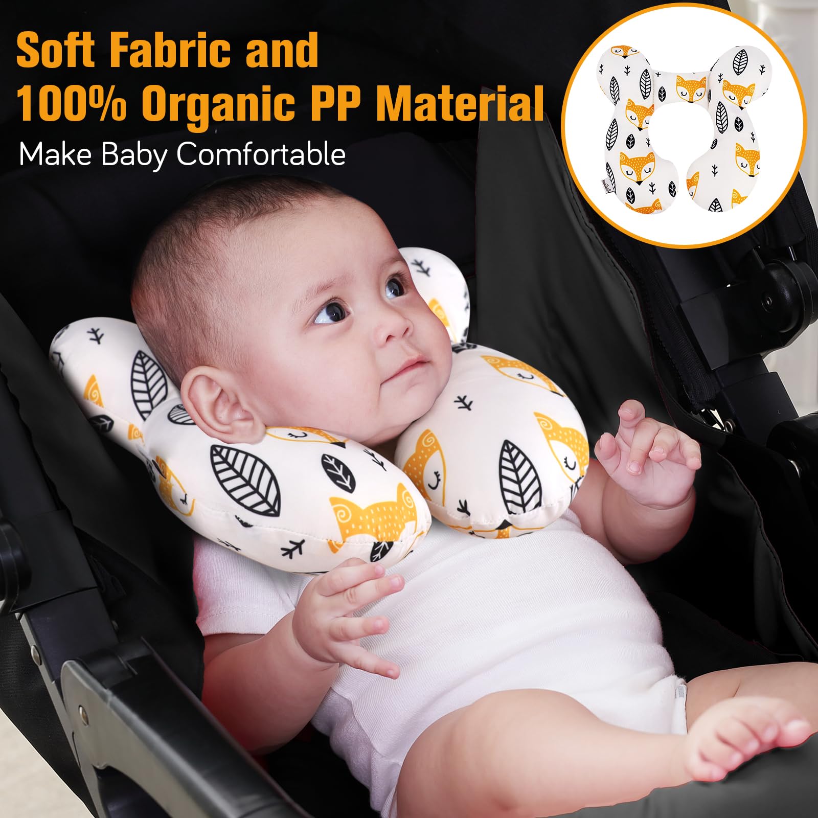 KAKIBLIN baby neck pillow yellow fox side view provides cozy neck support.