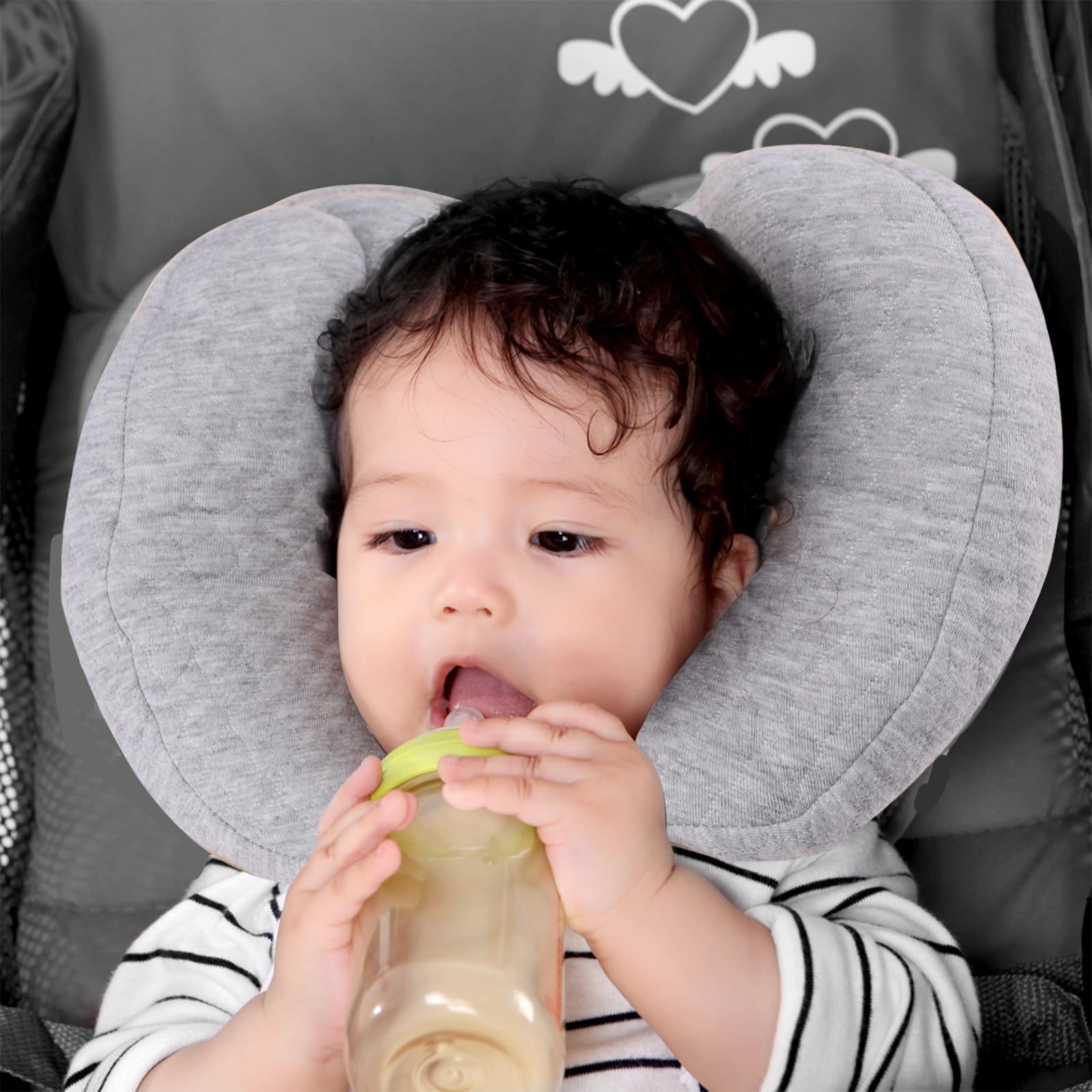 KAKIBLIN baby support pillow with stroller use demonstrates travel-ready neck support
