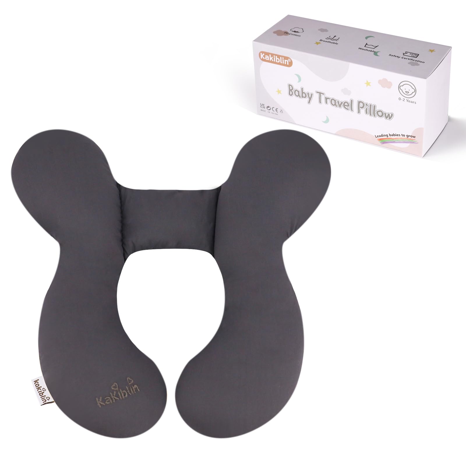 KAKIBLIN Baby Travel Pillow closeup of soft gray fabric for gentle baby comfort.