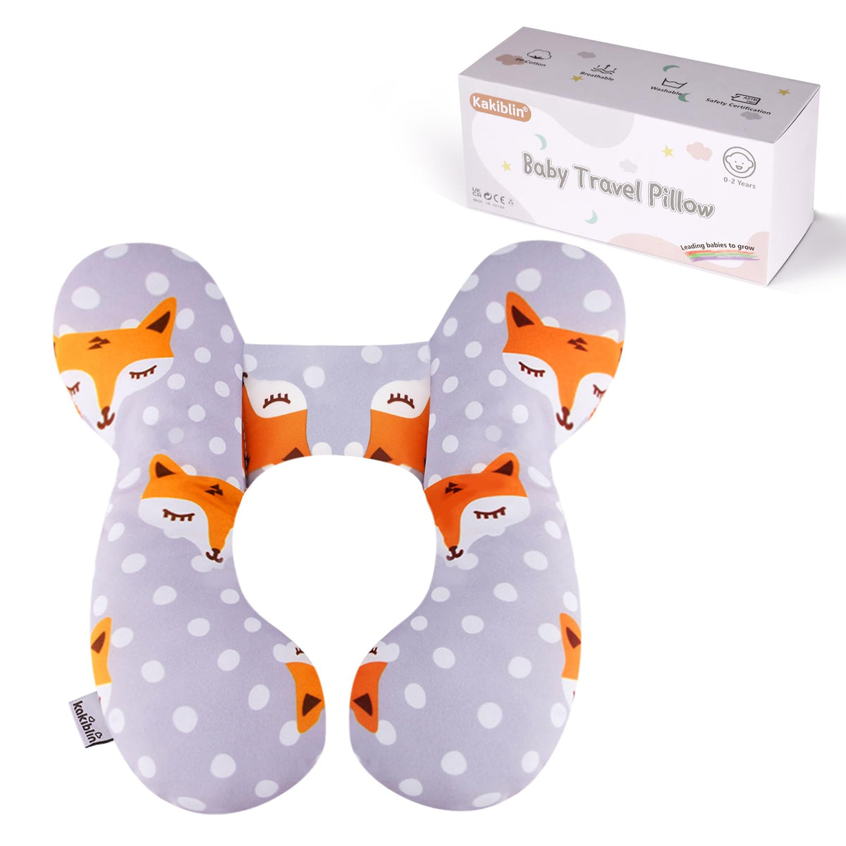 KAKIBLIN Baby Travel Pillow front view with gray fox design for head support.