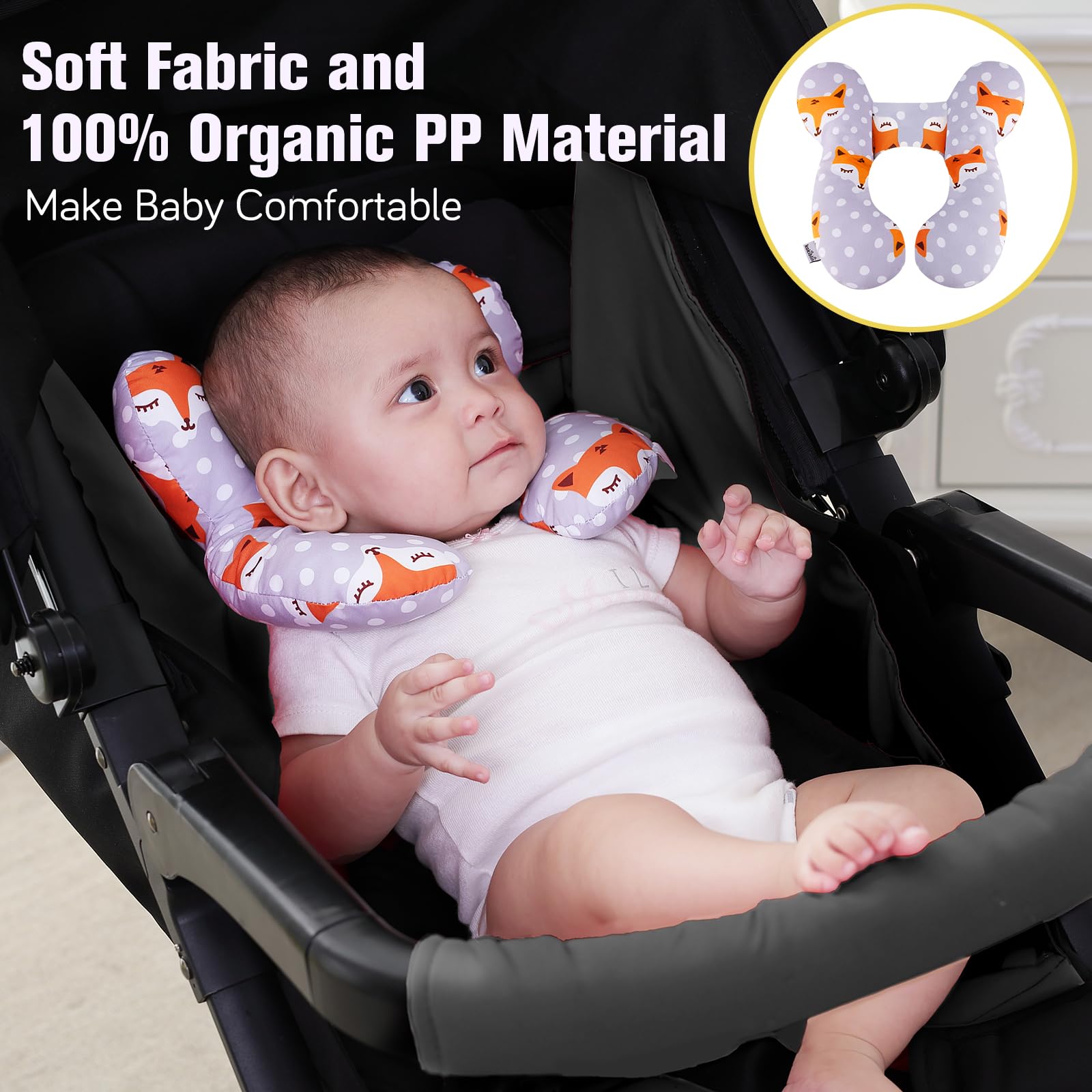 KAKIBLIN baby travel pillow side profile highlights ergonomic U-shape for neck comfort.