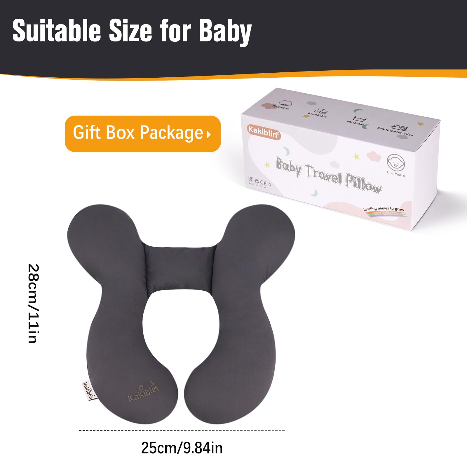 KAKIBLIN Baby Travel Pillow machine-washable fabric for quick cleaning.